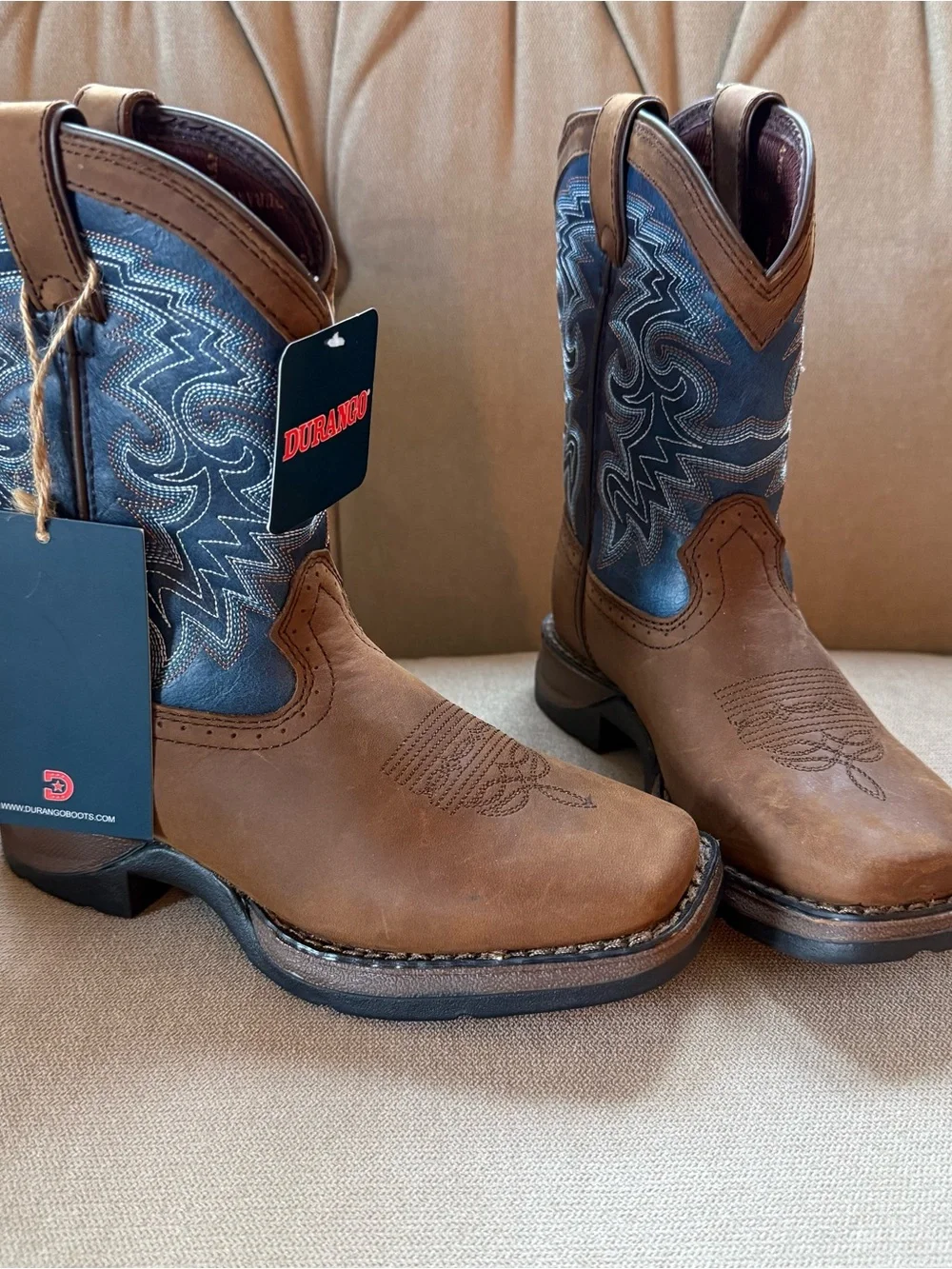 Durango Brown Leather Cowboy Boots with Blue Embroidered Shaft